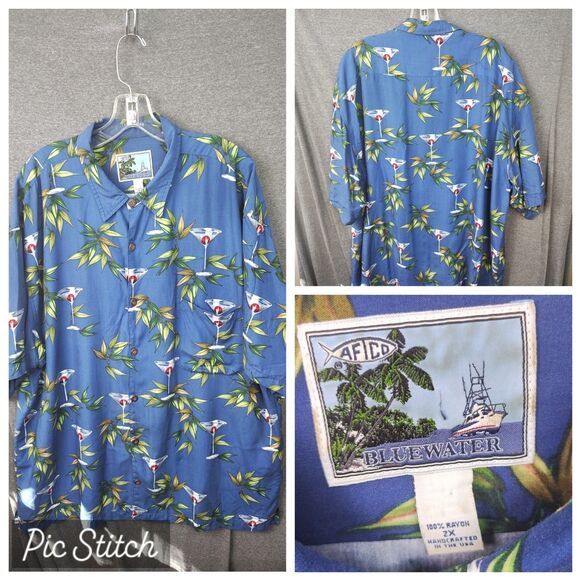 Aftco Shirt Mens 2x Hawaiian Martini Blue water Short Sleeve - Picture 1 of 7